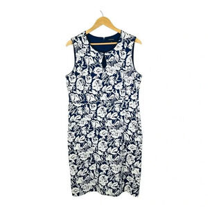 Lands' End Navy Blue White Floral Shift Dress Keyhole Women Plus‎ Size 14
